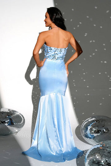Vestido de fiesta largo de sirena sin tirantes azul brillante con abertura